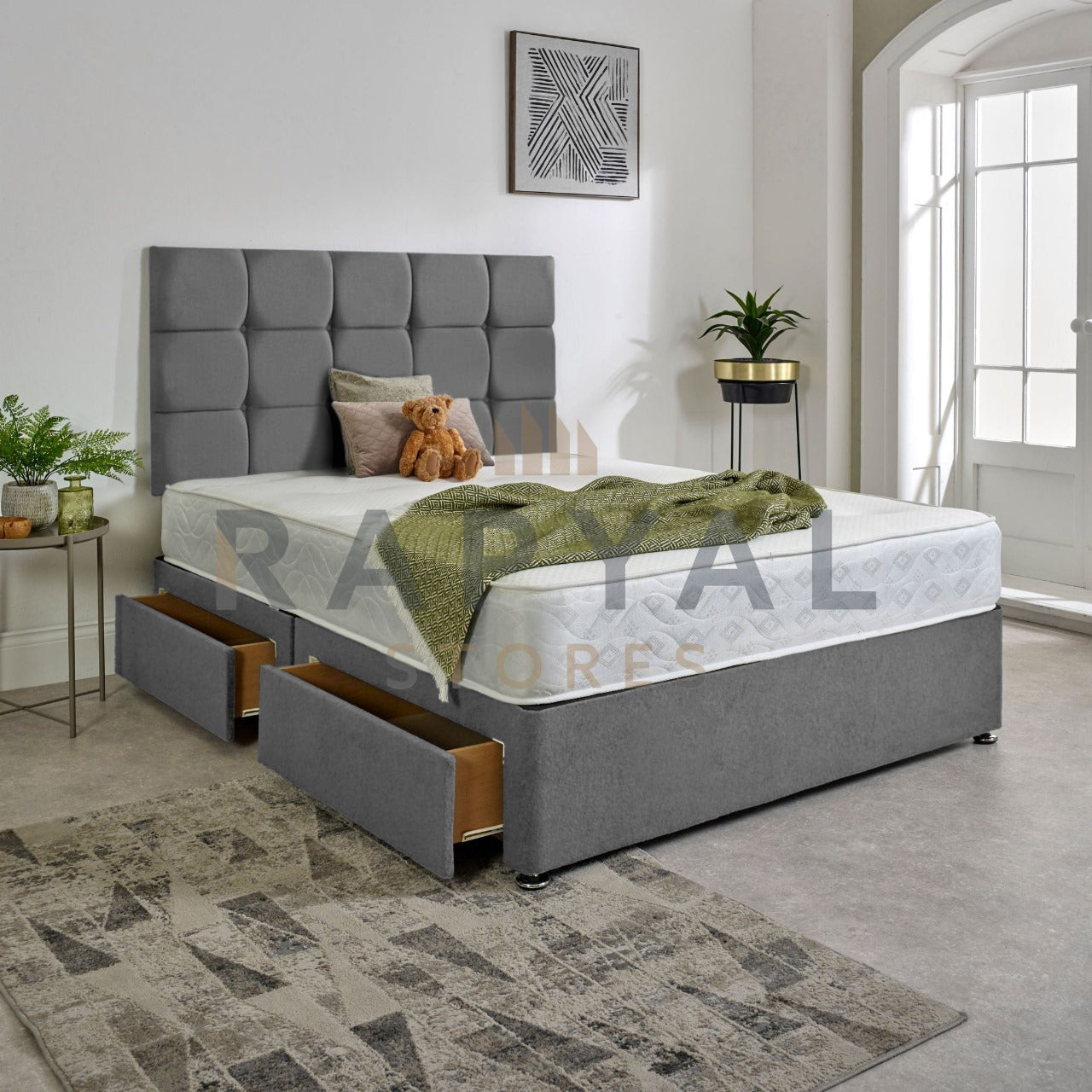 Cassius Reinforced Divan Bed Set with Cube Button Designer Headboard