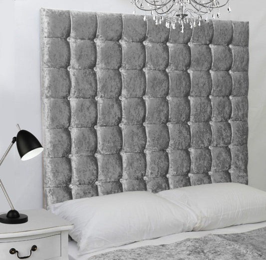 Karina Button Panel Design Grey Crushed Velvet Floor Standing Divan Bed Headboard